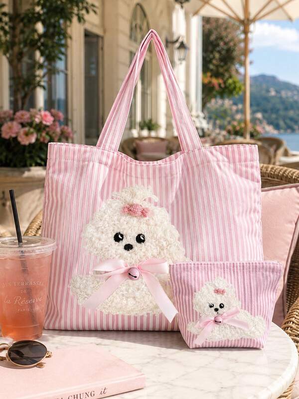 3D Cartoon Fuzzy Teddy Dog Canvas Tote Bag Set, Plush Dog Head Embroidery Decorated Vintage Pink And White Striped Handbag With Matching Small Makeup Bag, Women's Large Capacity Canvas Tote Bag, Same Color Zipper, Spacious Multifunctional Shoulder Bag, Suitable For Travel, Shopping And Daily School Use - Bright Pink And White Striped, Washable, No Seal - Suitable For Women, Girls, Teenagers, Students, Teachers, Sisters, Best Friends, Mothers Casual Daily Bag - Back To School Season, Birthday
