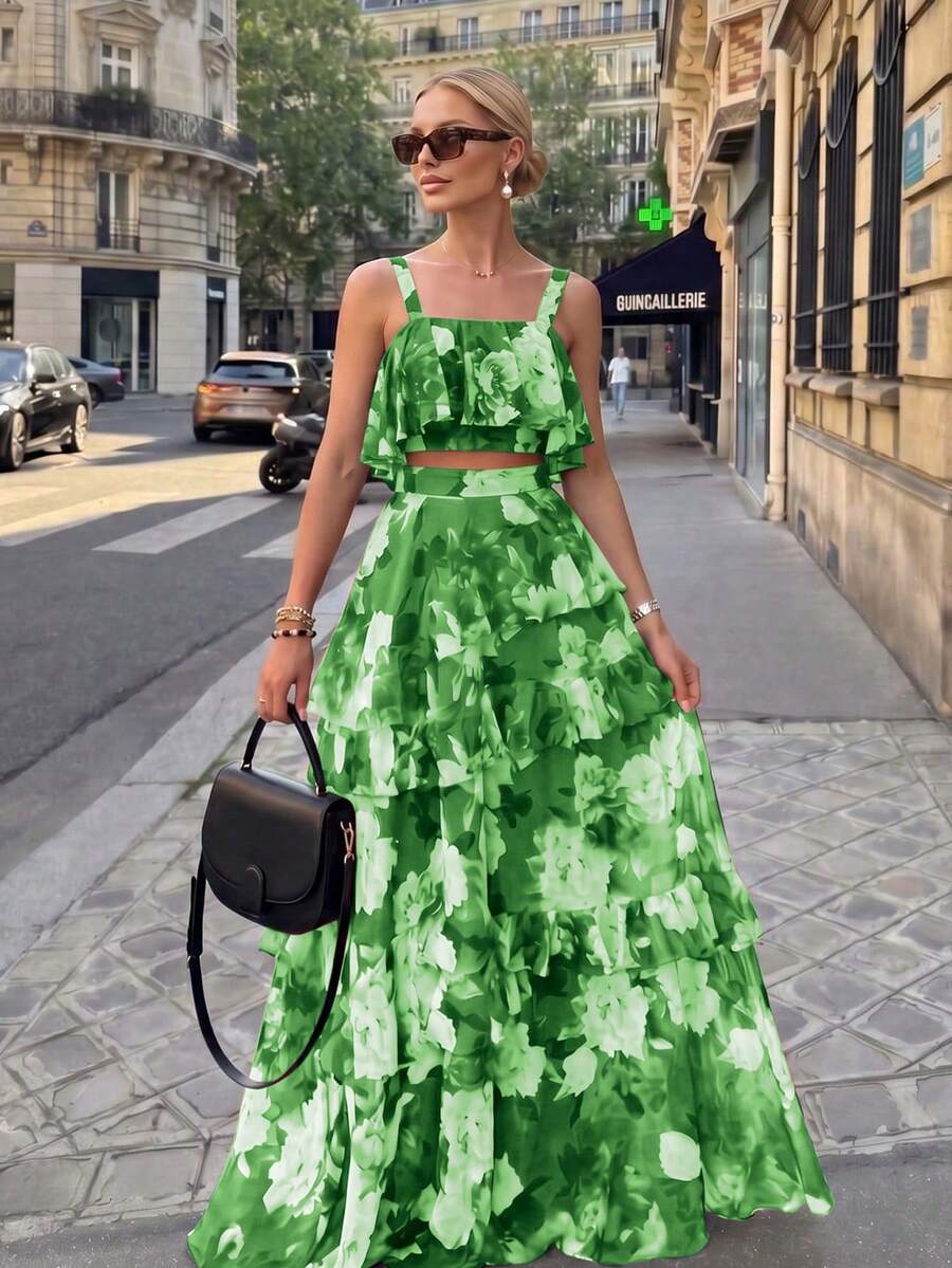Spring/Summer New Beach Vacation Style Printed 2-Piece Set, Ruffle Camisole Top And Cake Skirt, Polyester Material Elegant - Green - View 1