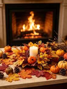 51pcs/Set Halloween/Autumn Maple Leaf Candle Ring Decoration. Artificial Maple Leaf Set, Candle Wreath, Autumn Tabletop Decor, Halloween And Thanksgiving Centerpiece, Harvest Festival Party Styling, DIY Autumn Wedding Tabletop Decoration. - A - View 1