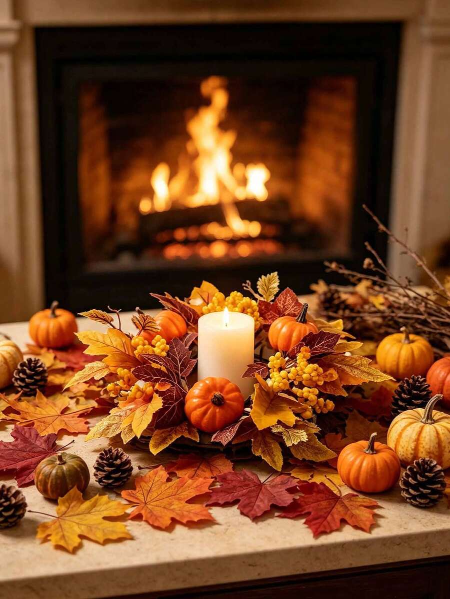 51pcs/Set Halloween/Autumn Maple Leaf Candle Ring Decoration. Artificial Maple Leaf Set, Candle Wreath, Autumn Tabletop Decor, Halloween And Thanksgiving Centerpiece, Harvest Festival Party Styling, DIY Autumn Wedding Tabletop Decoration. - A - View 1