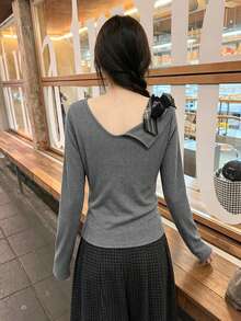 Solid Color Asymmetrical Neckline Tie Long Sleeve Slim Fit Cold Shoulder Inner Layer T-Shirt - Grey - View 4