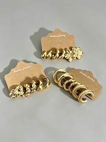 3-9 Pairs Vintage Thick Gold Earrings Set, New Fashion CCB Earrings, 9 Pairs Set Covers All Outfits - Gold - View 6