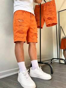 Shorts de mezclilla rasgados en unicolor para niño preadolescente - Naranja - Ver 1
