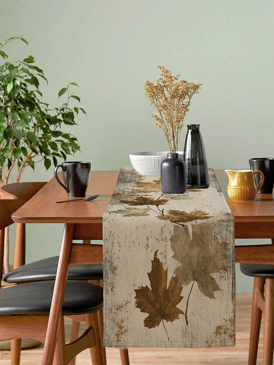 1Pc Wabi Sabi Wood Texture Maple Branch Table Runner Neutral Autumn Foliage Polyester Table Linen For Daily Home Decor - Light Grey - View 1