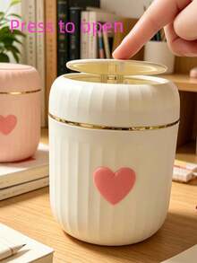 Mini Desktop/Car-Mounted Storage Bin With Lid, Heart Decoration, Plastic Rotating Top Trash Can, No Power Cylindrical Wastebasket, Suitable For Home, Office, Kitchen, Bedroom Vanity, Dining Room, Living Room Decor, Plastic - Multicolor - View 7