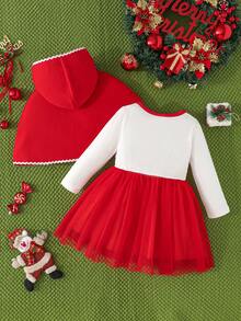 Baby Girl Bow Decor Hooded Cape And Plaid Dress Set - Red - View 2