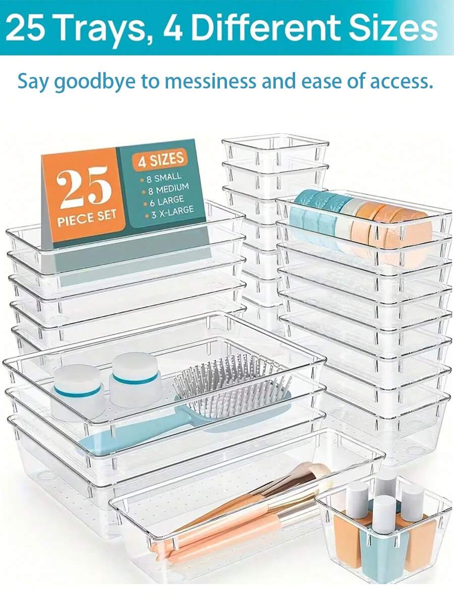 25/16/12/8/4/1pc Transparent Cosmetic Storage Box, Drawer Organizer, Makeup Organizer, Desktop Divider Storage Box, 4 Sizes Stackable Interlocking Storage Tray, Multi-Functional Transparent Divider Storage Box, For Makeup Storage, Office Stationery Storage, Can Be Placed In Room Accessories, Vanity, Home Desk, Kitchen, Office, Perfect Gift For Women On Holidays