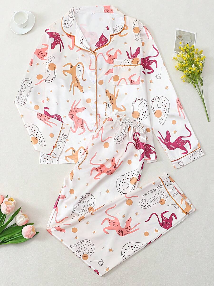 Women's Animal Print Satin Long Sleeve Long Pants Pajama Set - Champagne - View 1