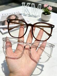 2 PCS Unisex Solid Clear Brown Round Light Glasses Y2K Face Flattering Fake Eyeglasses Back To School Daily Office - A - View 6