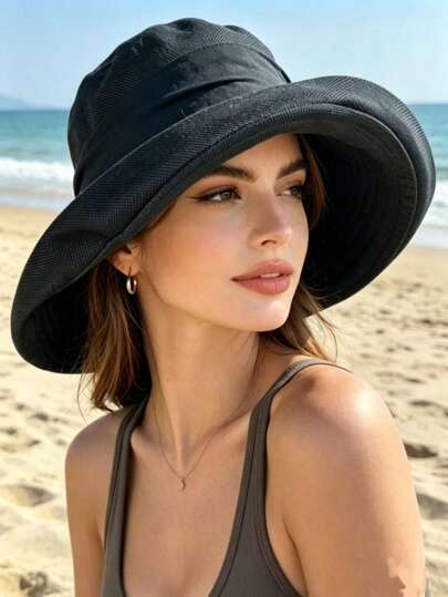 1pc Women's Wide Brim Sun Hat, Thin Summer Outdoor Sun Protection Hat, Foldable And Portable, Suitable For Daily Outdoor Activities And Beach