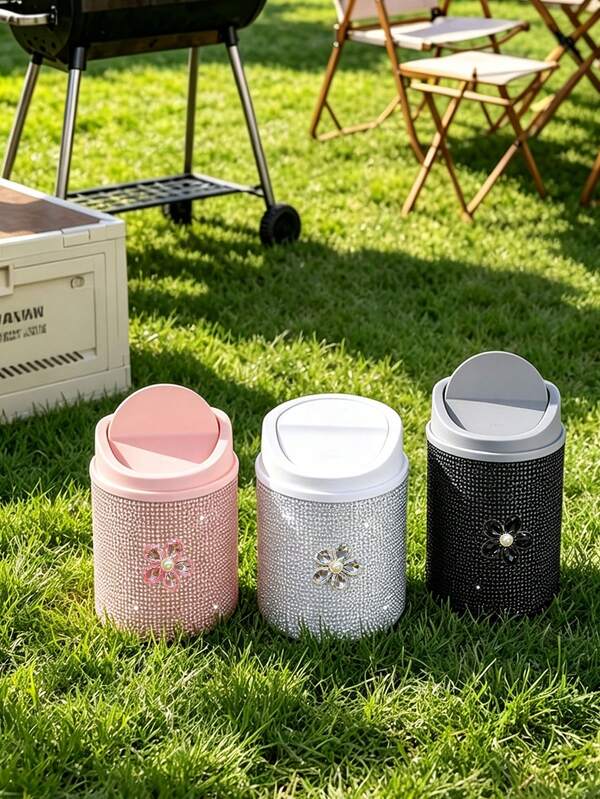 OBOVAY Rhinestone Flower Car Storage, With Lid Mini Desktop Storage/Car Trash Can, Makeup Brush Storage; Exquisite Home Decor; Stationery Storage; Luxury Interior; Luxury Diamond Desktop Storage; Cylindrical Trash Can, Suitable For Home, Office, Kitchen, Bedroom. Home Decor, Travel Essentials, Back To School Season Goodies. Camping Goodies. Lady's Gift.