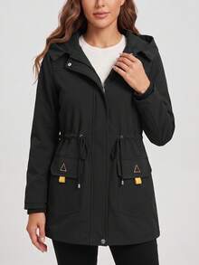 Women's Black Hooded Mid-Length Jacket With Cinched Waist, Zip Front, Flap Pockets And Contrast Tabs - Black - View 2