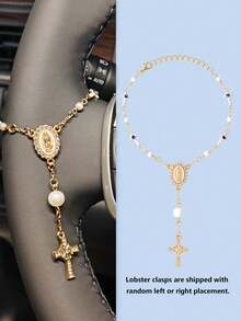 1 pieza Rosario de volante con perlas blancas/rosas, amuleto de coche con la Virgen María y el mal de ojo, adorno colgante interior de coche católico, regalo de decoración de coche femenino para mujeres - Multicolor - Ver 12