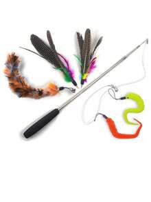 Juguete para gatos, set de juguetes para gatos, plumas artificiales de colores, varita para gatos, campana de oruga, cabeza de varita para gatos reemplazable, se puede usar en interiores y exteriores, entrenamiento, obediencia independiente, alivia el aburrimiento, (Azul, Negro. (Color de cabeza de reemplazo aleatorio)). - Multicolor - Ver 16