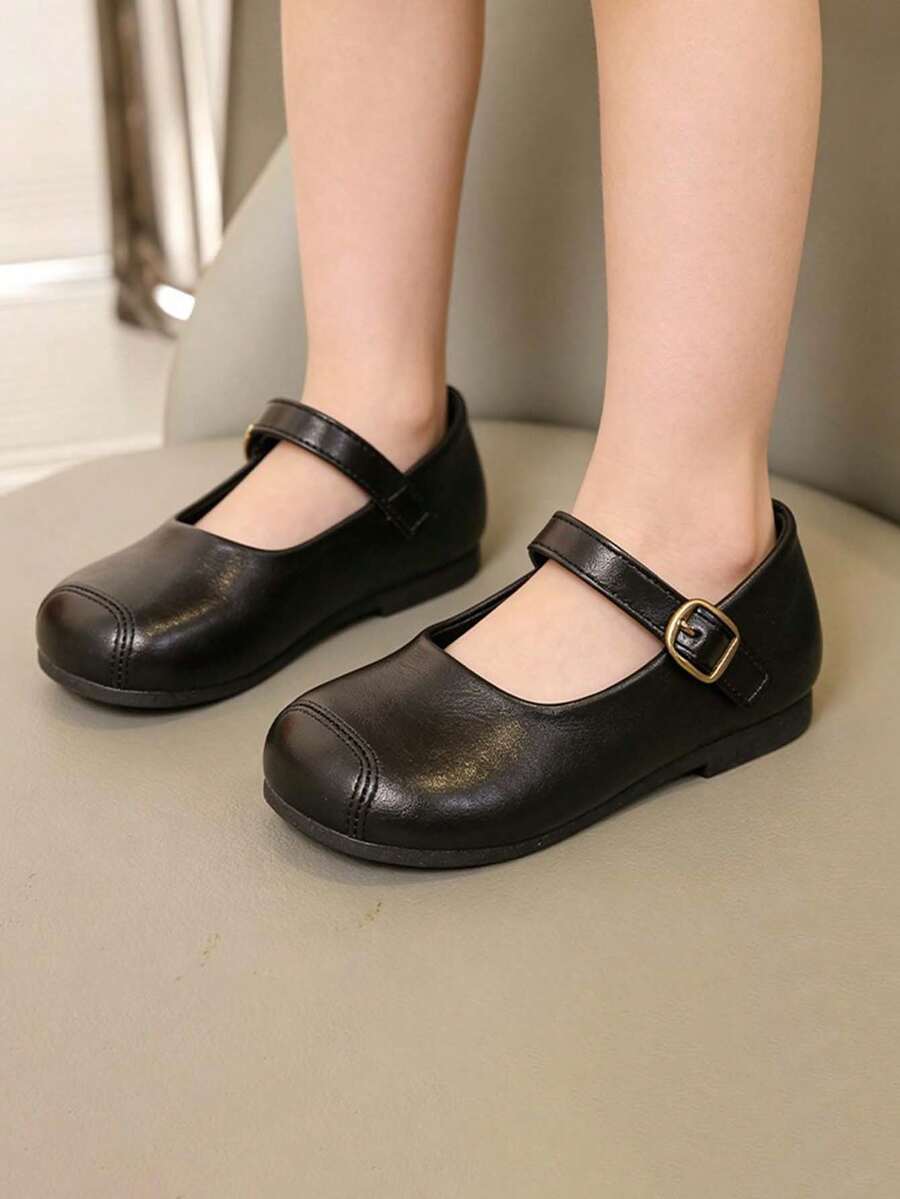 1雙簡約圓頭幼兒平底鞋,防滑鞋底女童休閒樂福鞋 - 黑色 - 查看 1