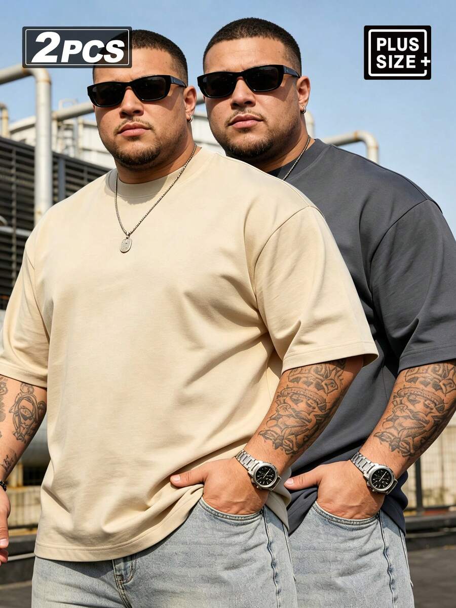 2pcs Plus Size Men's T-Shirts 1XL-6XL 100KG-200KG, Casual Crew Neck Short Sleeve T-Shirts, Suitable For Summer Outdoor And Sports Wear - Multicolor - View 1