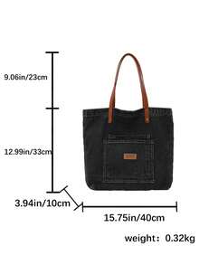 Tas Tote Besar Denim Hitam Pudar, Tali Bahu PU Cokelat Kontras, Dua Kantong Depan Berlapis, Tas Tangan Kasual, Cocok Untuk Sekolah, Kerja, dan Perjalanan - Hitam - View 6
