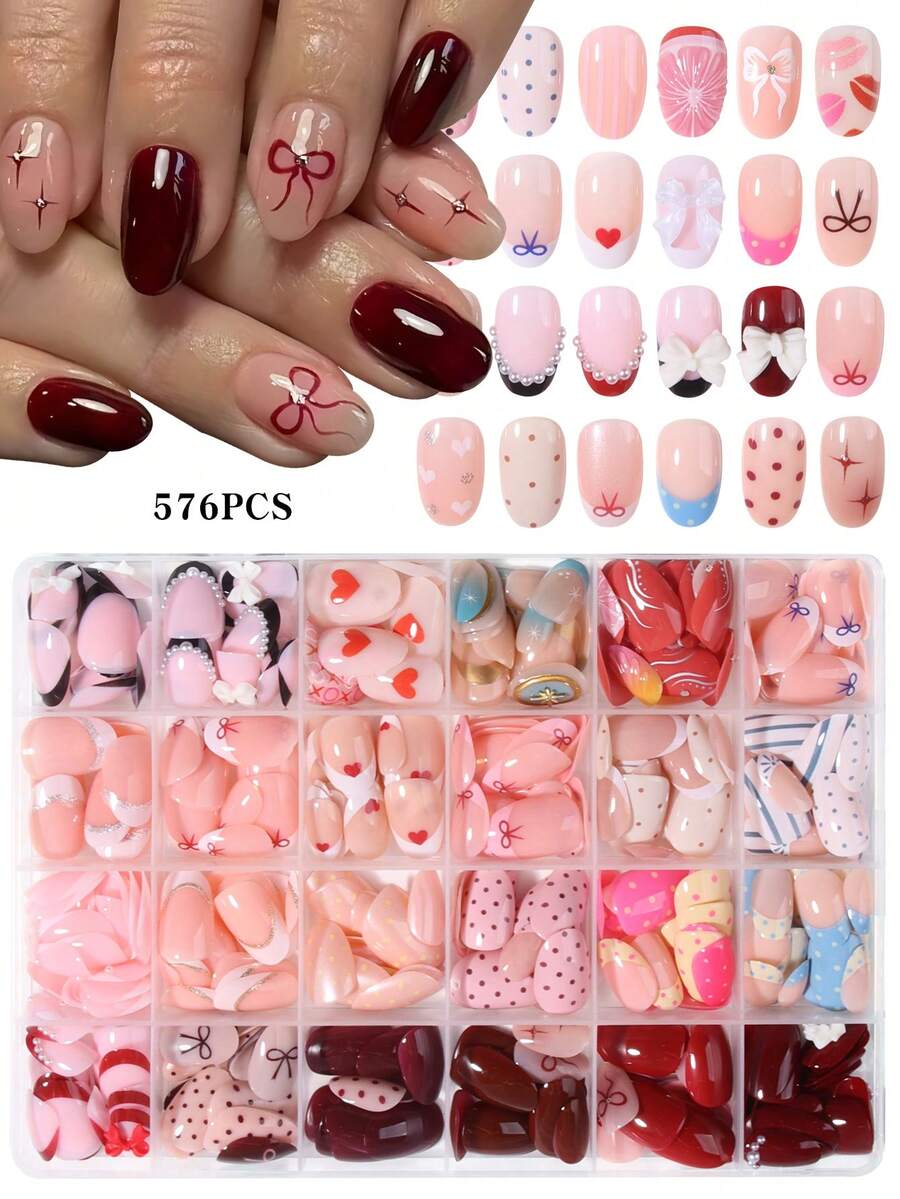 576片(24款混色)短橢圓3D穿戴式凝膠美甲片,壓克力材質,花卉、可愛蝴蝶結與瓢蟲美甲設計,含4片果凍膠與2片美甲锉 - 彩色 - 查看 1