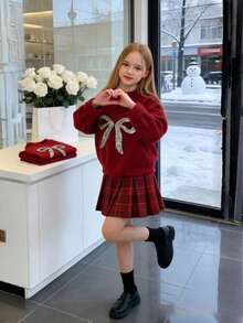 Girls' Red Christmas Cartoon Bow Sweater, Versatile Autumn/Winter Single Piece - Red - View 5