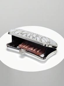 Women's Elegant/Pearl Pattern Design Box Clutch Evening Bag, Romantic Wedding Handbag, Charming/Exquisite Evening Gown Bag, Shiny White Box Clutch With Chain, Perfect Holiday Gift Choice. Comes With Metal Chain. - Silver - View 3