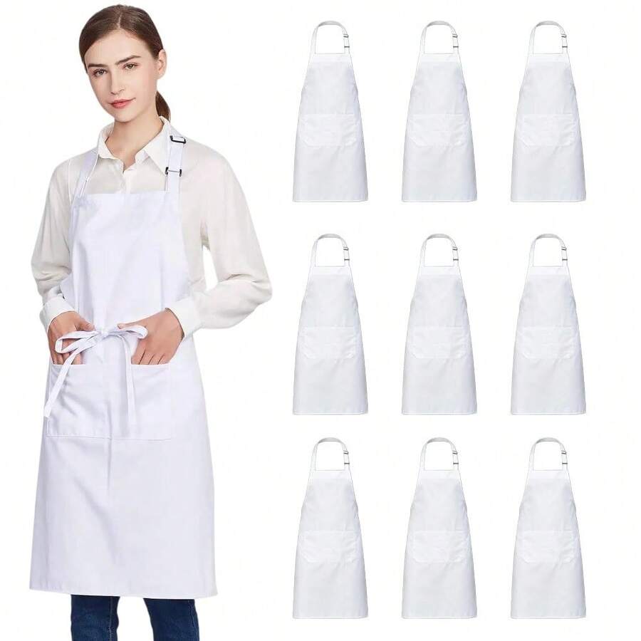 Multi-Piece Apron Set, 2 Pockets, Adjustable Chef Kitchen Apron, Unisex, White - Multicolor - View 1