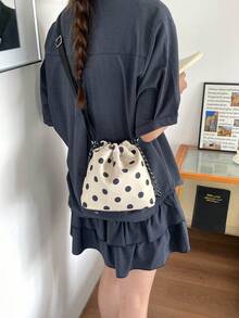 1 pieza Bolso cubo de nailon de unicolor con cordón y patrón de lunares, bolso bandolera de moda para mujer - Beis - Ver 6