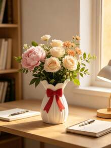 1pc White Vase, Elegant Bow Design, Creative Home Decor Vase, Modern Tabletop Centerpiece, Soft Color Ribbon Detail, Living Room Bedroom Bathroom Shelf Decoration, Desktop Ornament, Housewarming Gift Idea - 1PC - View 4