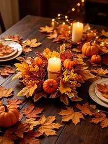 51pcs/Set Halloween/Autumn Maple Leaf Candle Ring Decoration. Artificial Maple Leaf Set, Candle Wreath, Autumn Tabletop Decor, Halloween And Thanksgiving Centerpiece, Harvest Festival Party Styling, DIY Autumn Wedding Tabletop Decoration. - A - View 8