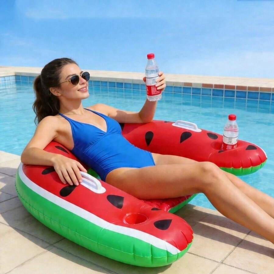 1pc U-Shaped Watermelon Pool Float, Thickened PVC Material Watermelon Pool Float, With Cup Holder Floating Chair, Suitable For Beach Vacation Swimming Pool Party Supplies - A - View 1