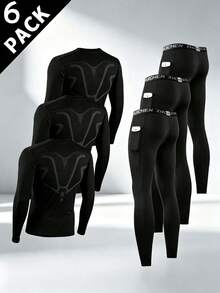 6pcs Men's Sports Compression Set - Breathable Long Sleeve Top & Pocket Long Pants, Elastic Quick-Dry Fitness Running Training Outfit - Black - View 3