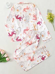 Women's Animal Print Satin Long Sleeve Long Pants Pajama Set - Champagne - View 7