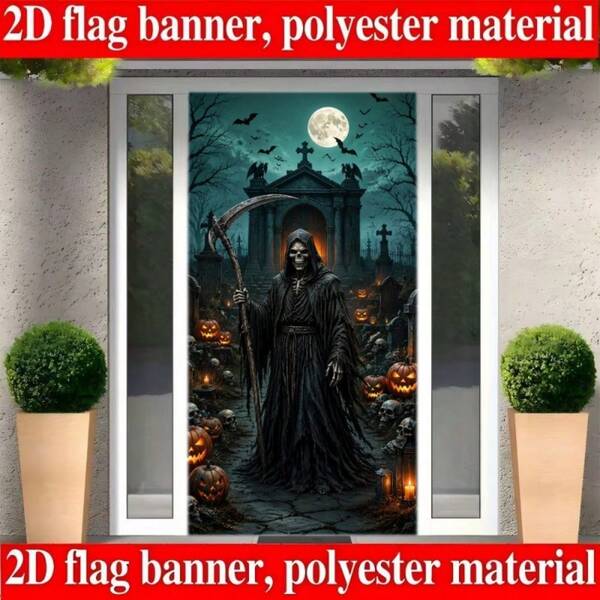 2D Plane 1 Piece Of Halloween-Themed Banner Background, Dark Grim Reaper Cemetery Theme, Including Pumpkin Lanterns, Full Moon, Bats, Tombstones, Etc., No Power Supply Required