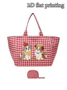 Puppy Pattern Plaid Tote Bag, Flat Cute Dog Print, Casual Plaid Shoulder Bag And Portable Coin Purse, Mini Makeup Bag With Zipper, Large Capacity Canvas Shoulder Bag, Slouchy Handbag, Multi-Functional Shopping Bag, Campus Style Tote Bag, Suitable For Shopping, Commuting, Back To School, Travel And Daily Use, Unique Birthday Gift, Holiday Gift, Party Gift, Teacher Gift - Multicolor - View 13