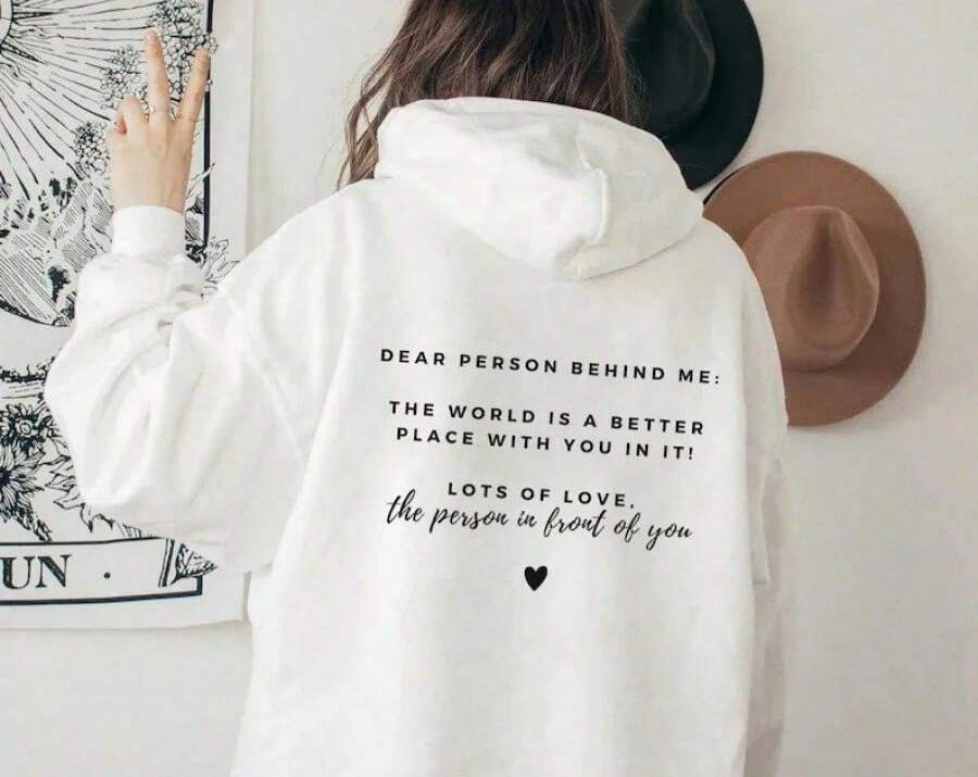 Pullover "Liebe Person hinter mir" Hoodie, inspirierender Rückenaufdruck, Unisex-Sweatshirt, Streetwear, Herbstkleidung - Weiss - Übersicht 1