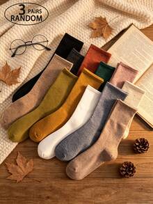 3/5/10 Pairs Random Solid Color Mid-Calf Socks, Autumn/Winter Retro Multi-Color Socks Set, Japanese Warm Tone All-Match Mid-Calf Socks, Versatile Solid Color Cotton Mid-Calf Socks, Autumn Colorful Slouch Socks, Casual Socks - Multicolor - View 7