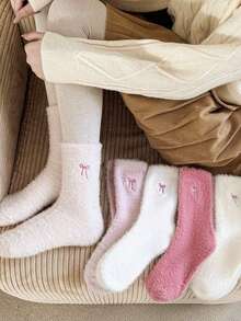 15/10/5/3/1 Pair Bow Pattern Plush Over-The-Knee Socks For Women, Warm And Soft, Suitable For Autumn/Winter, Also An Ideal Gift. Women's Autumn Socks - Multicolor - View 4