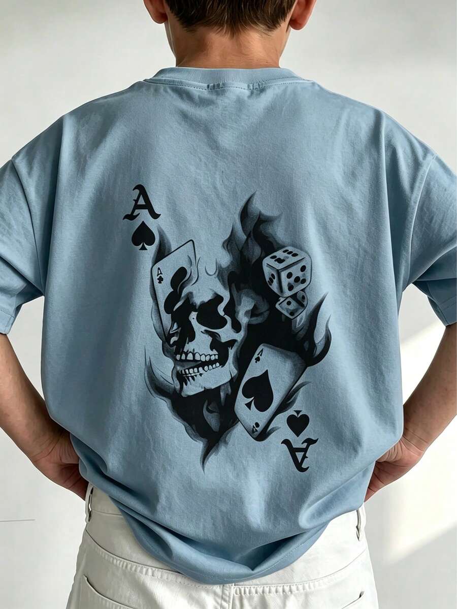 1pc Tween Boy Graphic Print Short Sleeve T-Shirt, Student Youth Clothing, Summer Gift For Kids - Dusty Blue - View 1