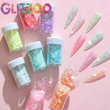 GLITZOO 全息美甲亮片貼紙，8色幻彩玻璃紙不對稱亮片，美人魚美甲粉漸層冰晶美甲亮片，適用於壓克力美甲、DIY美甲與樹脂手工藝 - 彩色 - 查看 6