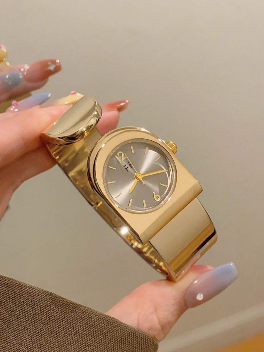 1件女款橢圓形銀黑方框金色錶盤石英休閒手錶,適合日常佩戴 - 灰色 - 查看 1