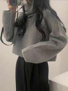 Grey Ribbed Turtleneck Cropped Sweater, Loose Slouchy Slimming Versatile Autumn/Winter Knit Top - Grey - View 4