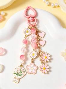 1pc Daisy Heart Keychain, Striped Beaded Tulip Flower Bag Charm - Multicolor - View 7