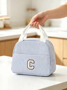 Striped Lunch Bag, Initial Pattern, Insulated Lunch Bag, Handheld Lunch Bag, Multi-Functional Insulated Bag, Office Lunch Bag, Picnic Bag, Lightweight Handbag, Suitable For School, Office, Picnic, Reusable, Back To School Essential, Unique Party Gift, Back To School Gift, New Job Gift, Birthday Gift - Multicolor - View 2