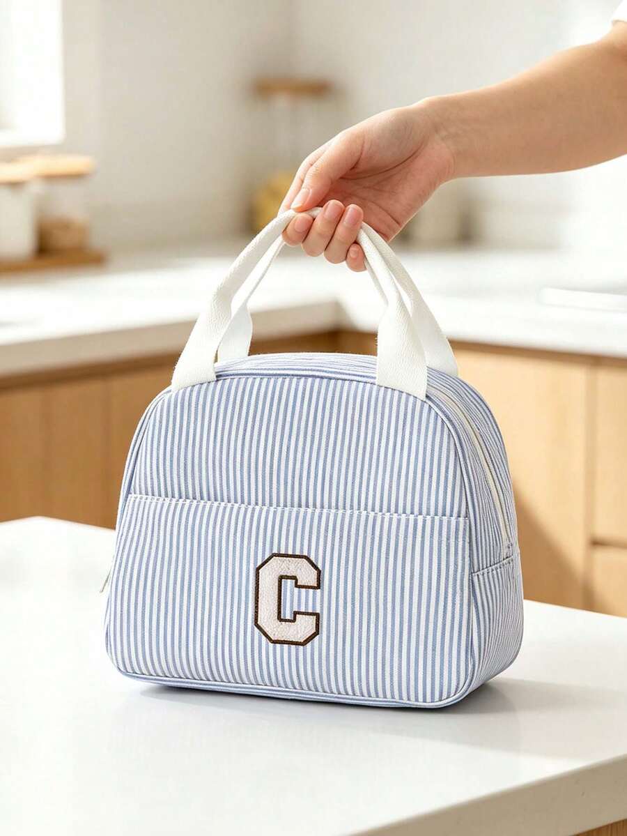 Striped Lunch Bag, Initial Pattern, Insulated Lunch Bag, Handheld Lunch Bag, Multi-Functional Insulated Bag, Office Lunch Bag, Picnic Bag, Lightweight Handbag, Suitable For School, Office, Picnic, Reusable, Back To School Essential, Unique Party Gift, Back To School Gift, New Job Gift, Birthday Gift - Multicolor - View 1