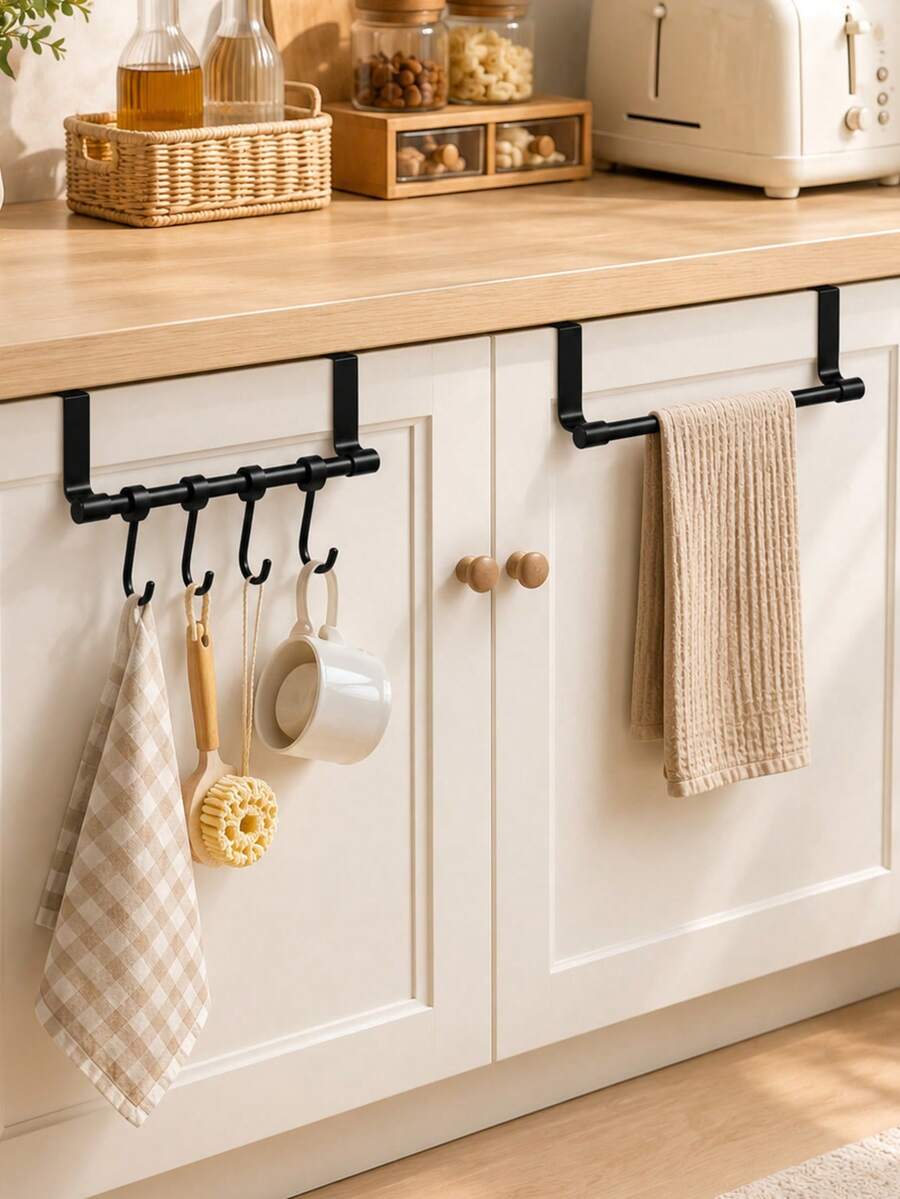 1pc Single Bar Towel Rack With Hook, No-Drill Cabinet Door Mount Storage Rack, ABS Material Kitchen Towel Rack, Space-Saving Hanging Storage, Suitable For Kitchen, Bathroom, Dorm, Cabinet Storage, Home Storage Essential, New Year Gift
