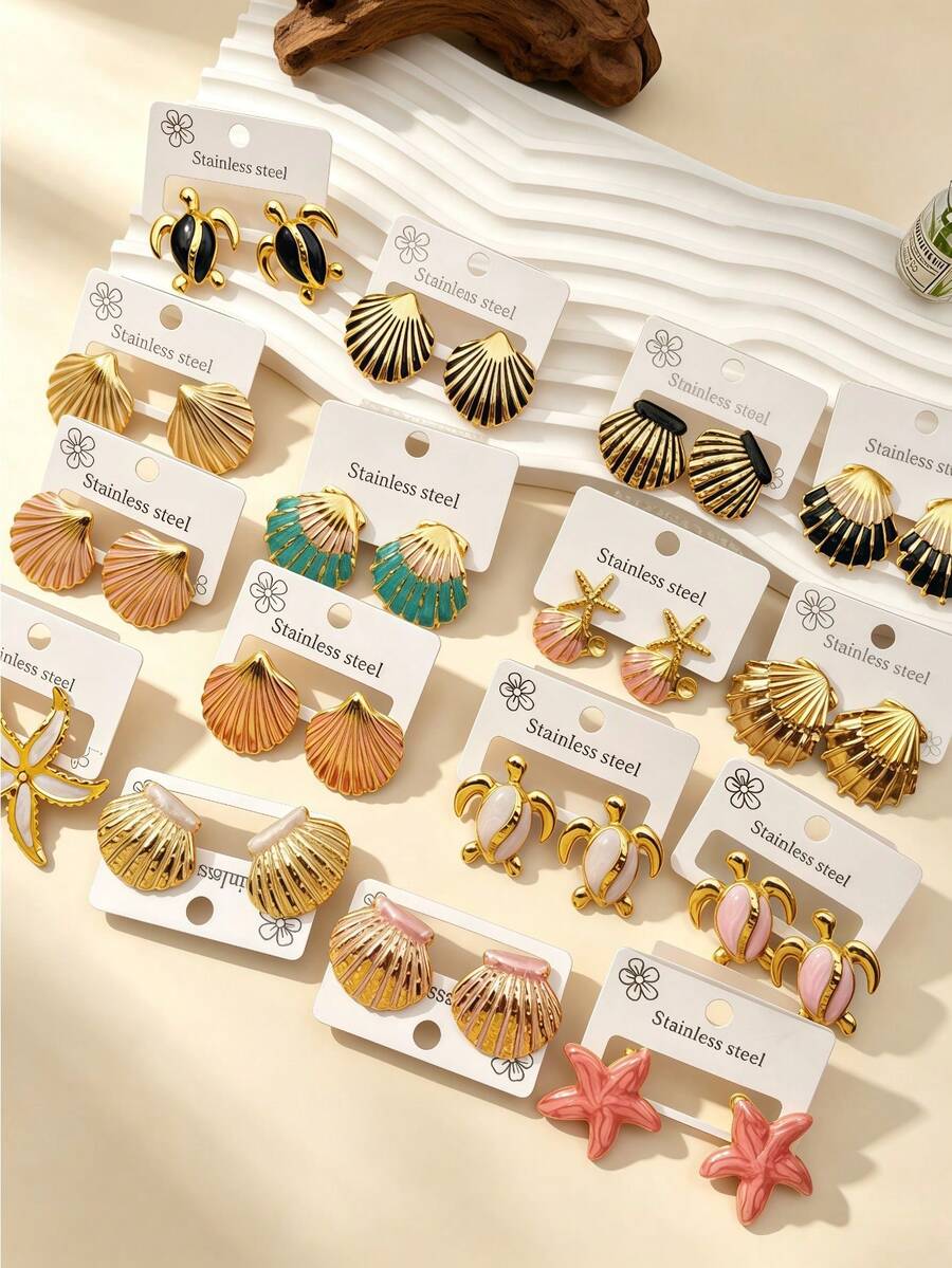 Women's Stainless Steel Earrings Set (12 Pairs) - Assorted Styles (Shell & Flower) - Fashionable Everyday Accessories - Multicolor - View 1