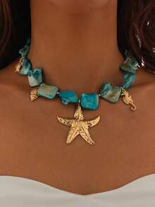 1pc Bohemian Style Ocean Vacation Gold Starfish Shell Multi-Pendant Women's Necklace, Suitable For Women's Beach Vacation, Party, Casual Wear, Multi-Functional Women's Jewelry - Durable All-Year Gift, Necklace Charm, Ocean Theme Jewelry, Stable Color Beads, Holiday Gift - Multicolor - View 7