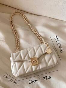Cream White Quilted Chain Crossbody Bag, Square Gold Twist Lock Small Shoulder Bag, Round Metal Pendant, Elegant Mini Flap Bag, Suitable For Daily Dating - White - View 2