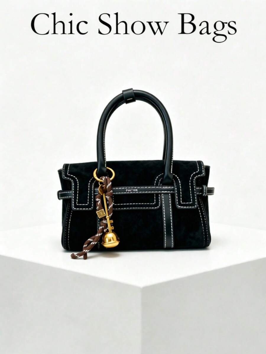 Women's Mini Boston Bag, Solid Color With Contrast Stitching, Key Bell Charm, Detachable Crossbody Strap, Vintage Y2K Daily Street Style Shoulder Bag