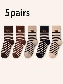 5 Pairs Maillard Vintage Coffee Brown Bear Striped Mid-Calf Socks, Casual Commute All-Season Versatile Women's Socks - Multicolor - View 9