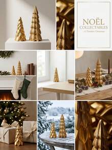 Modern Minimalist Luxury Matte Gold Christmas Tree Statue - Pine Cone And Pleated Countertop Decor, Holiday And Home Gift - A Pair Of Golden Christmas Trees - View 5